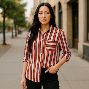 Grand Greene Blouse Women's Med Off White Navy Blue Orange Tab Sleeve Button